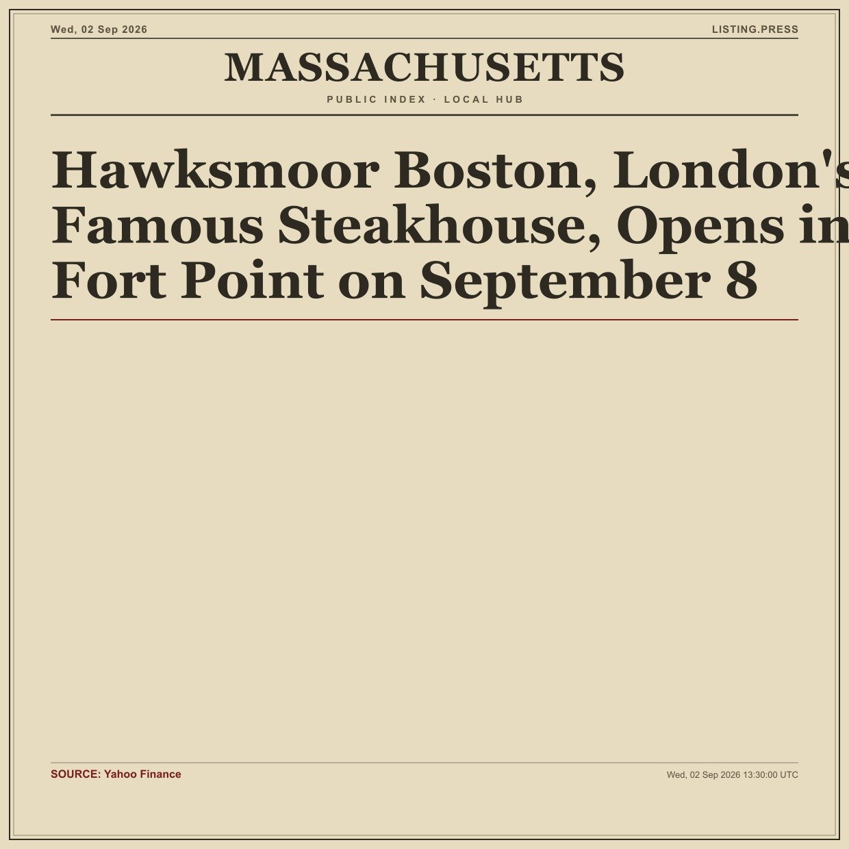 Hawksmoor Boston, London's Famous Steakhouse, Opens in Fort Point on September 8