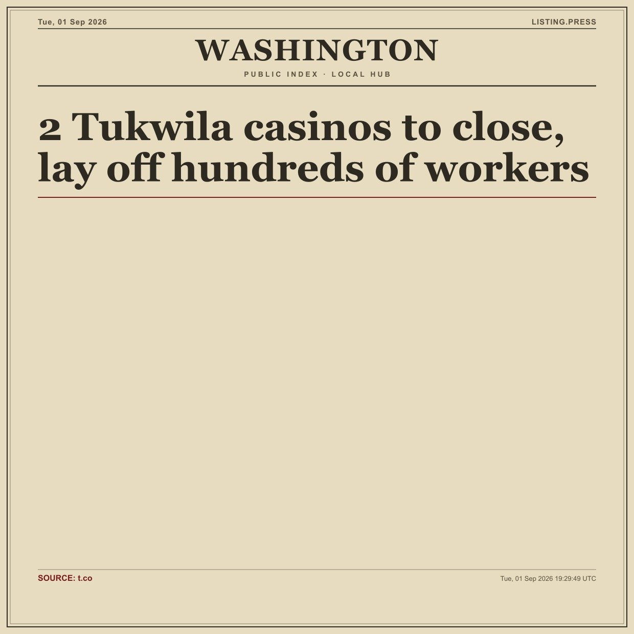 2 Tukwila casinos to close, lay off hundreds of workers