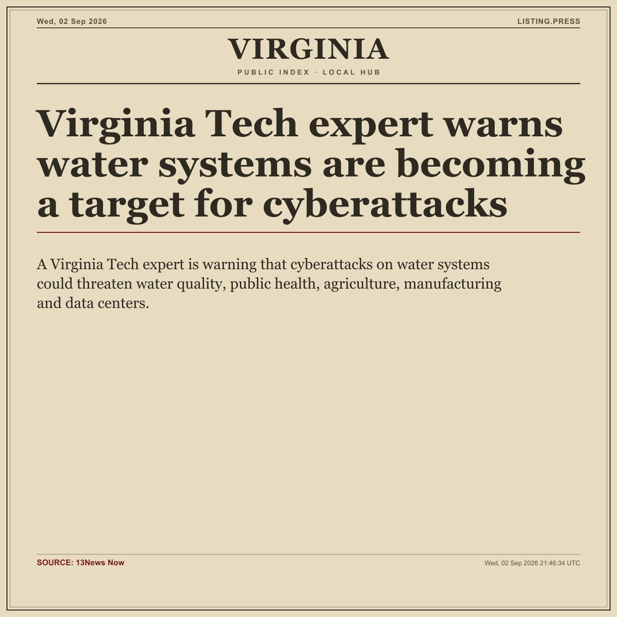 Virginia Tech expert warns water systems are becoming a target for cyberattacks