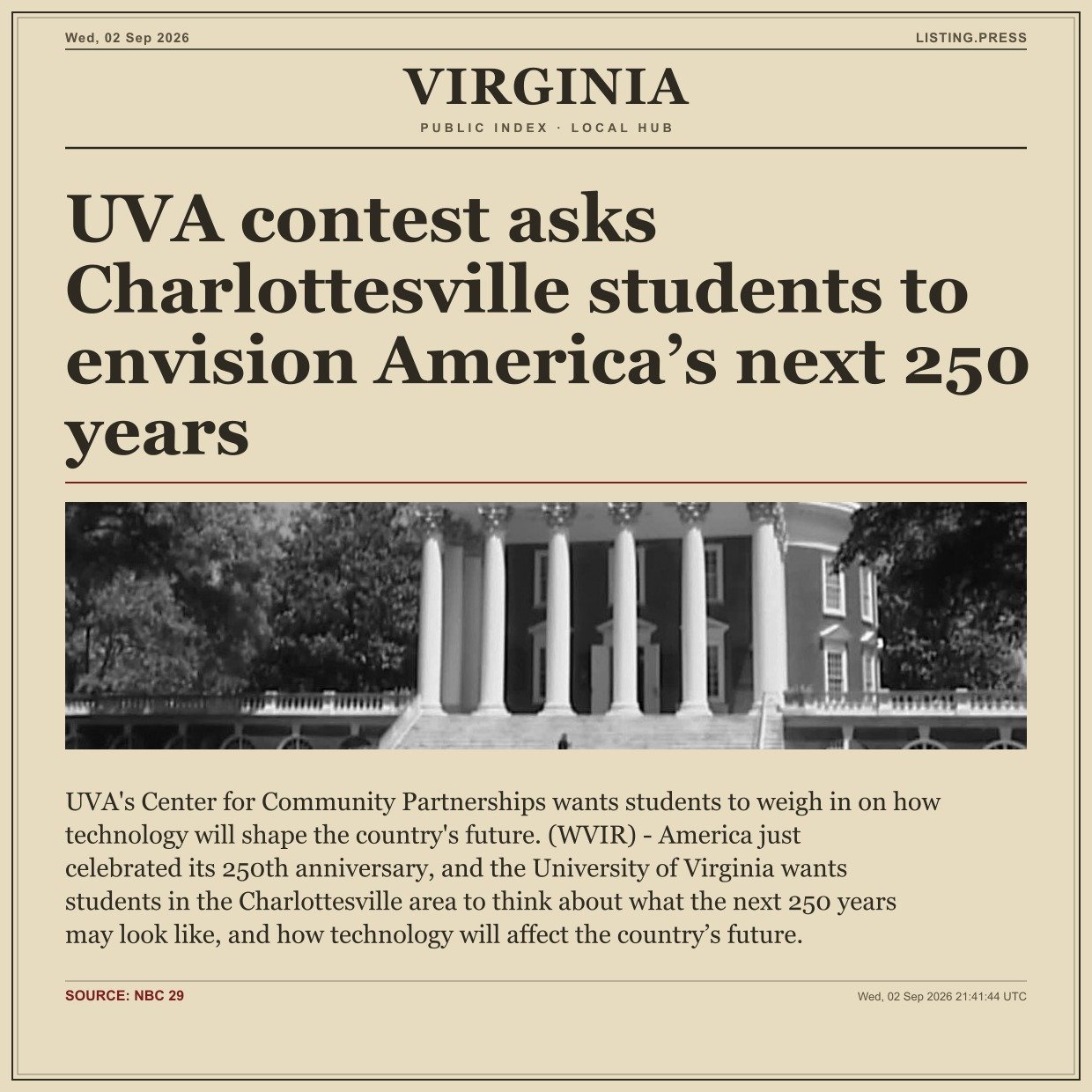 UVA contest asks Charlottesville students to envision America’s next 250 years
