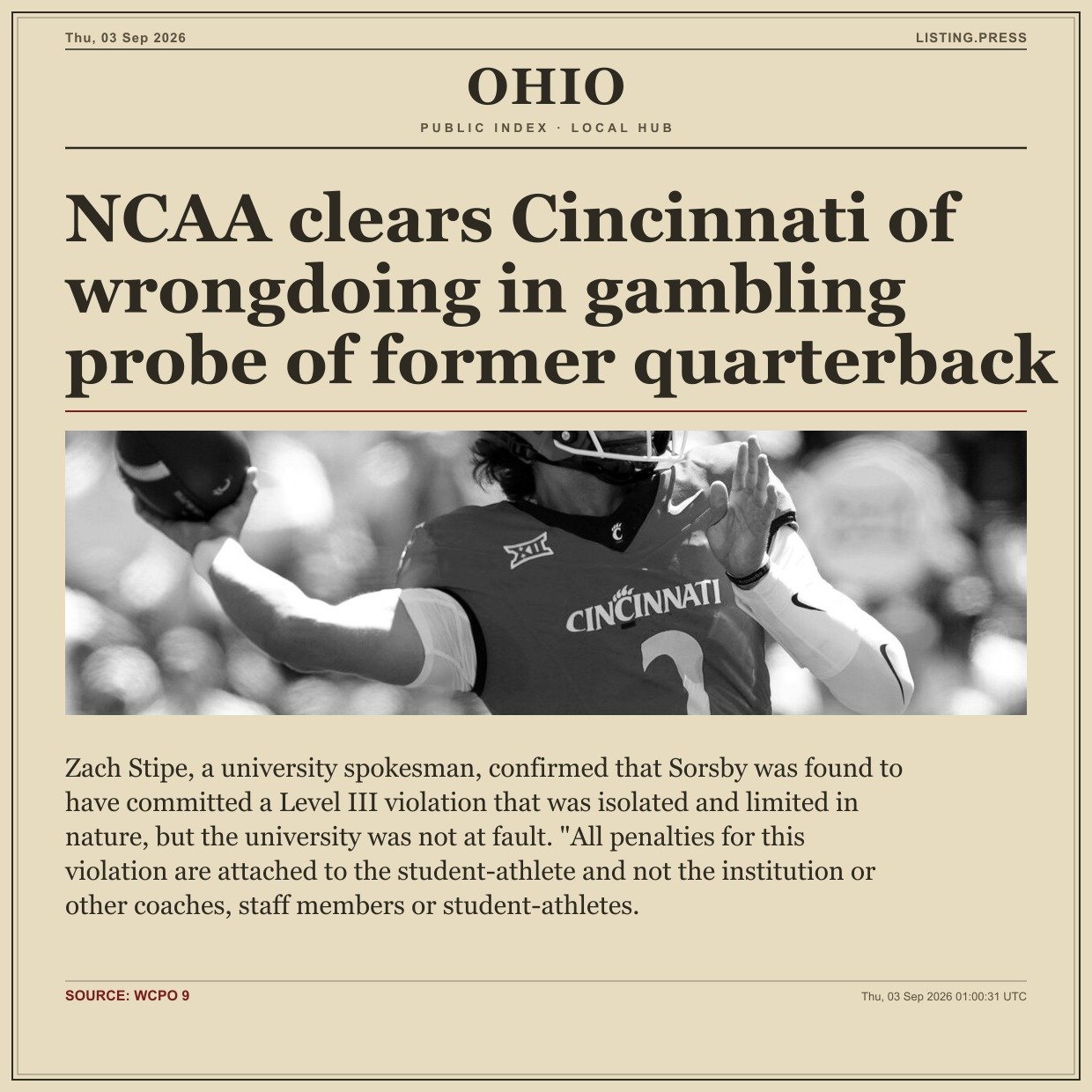 NCAA clears Cincinnati of wrongdoing in gambling probe of former quarterback