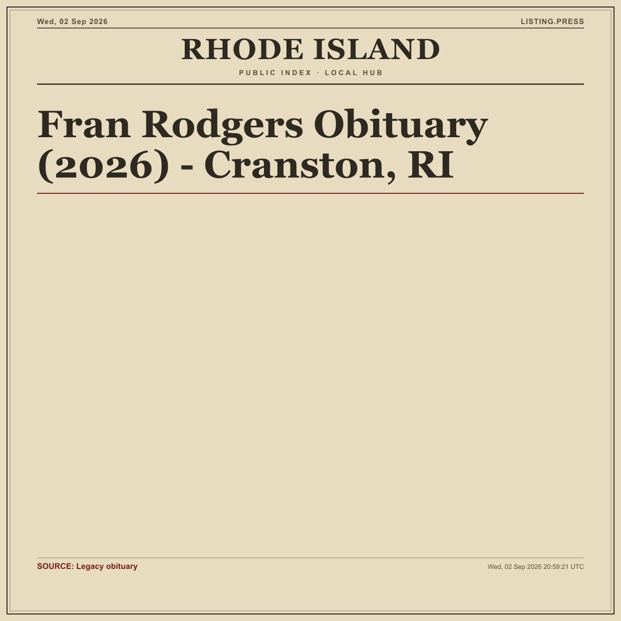 Fran Rodgers Obituary (2026) - Cranston, RI