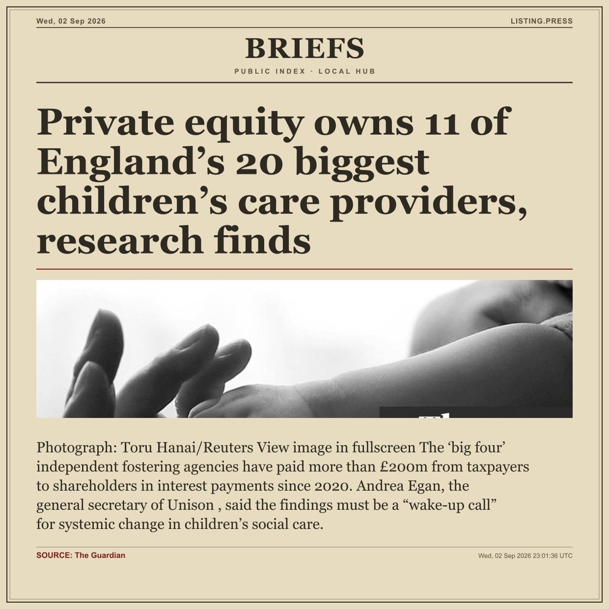 Private equity owns 11 of England’s 20 biggest children’s care providers, research finds