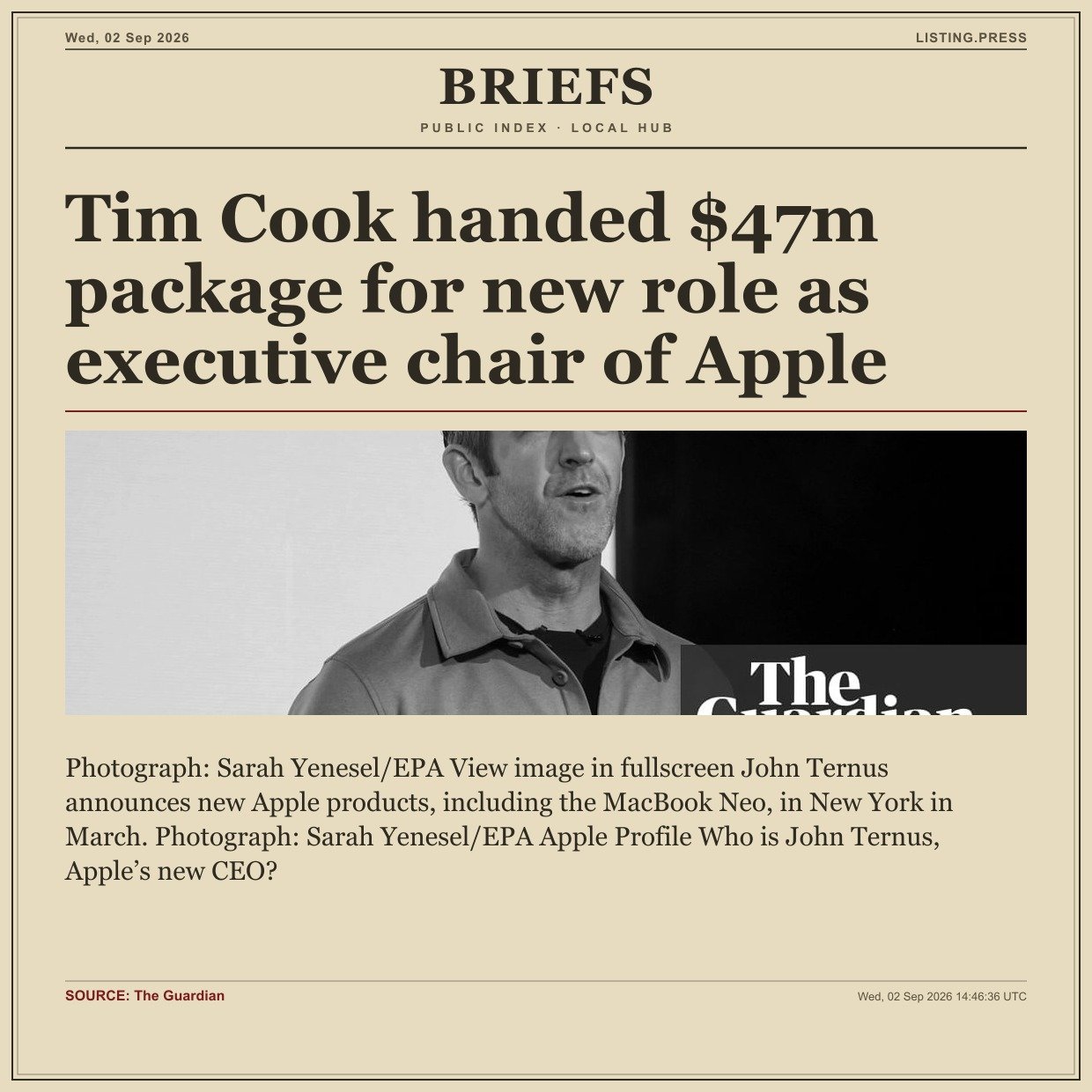 Tim Cook handed $47m package for new role as executive chair of Apple