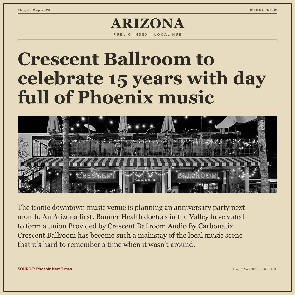 Crescent Ballroom to celebrate 15 years with day full of Phoenix music