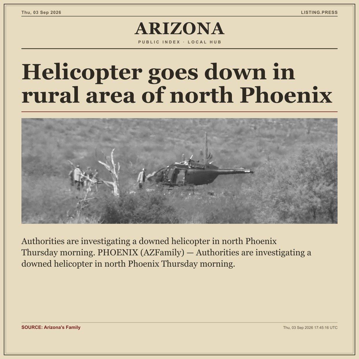 Helicopter goes down in rural area of north Phoenix