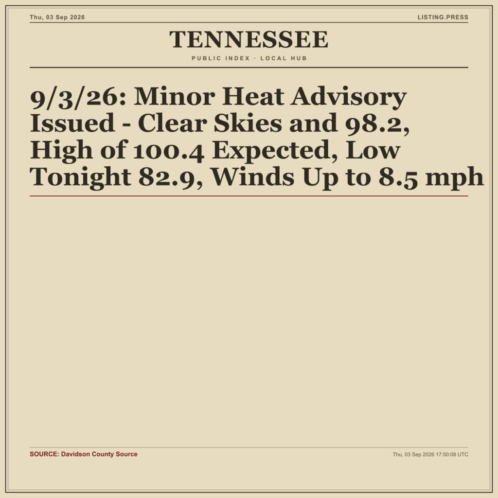 9/3/26: Minor Heat Advisory Issued – Clear Skies and 98.2, High of 100.4 Expected, Low Tonight 82.9, Winds Up to 8.5 mph