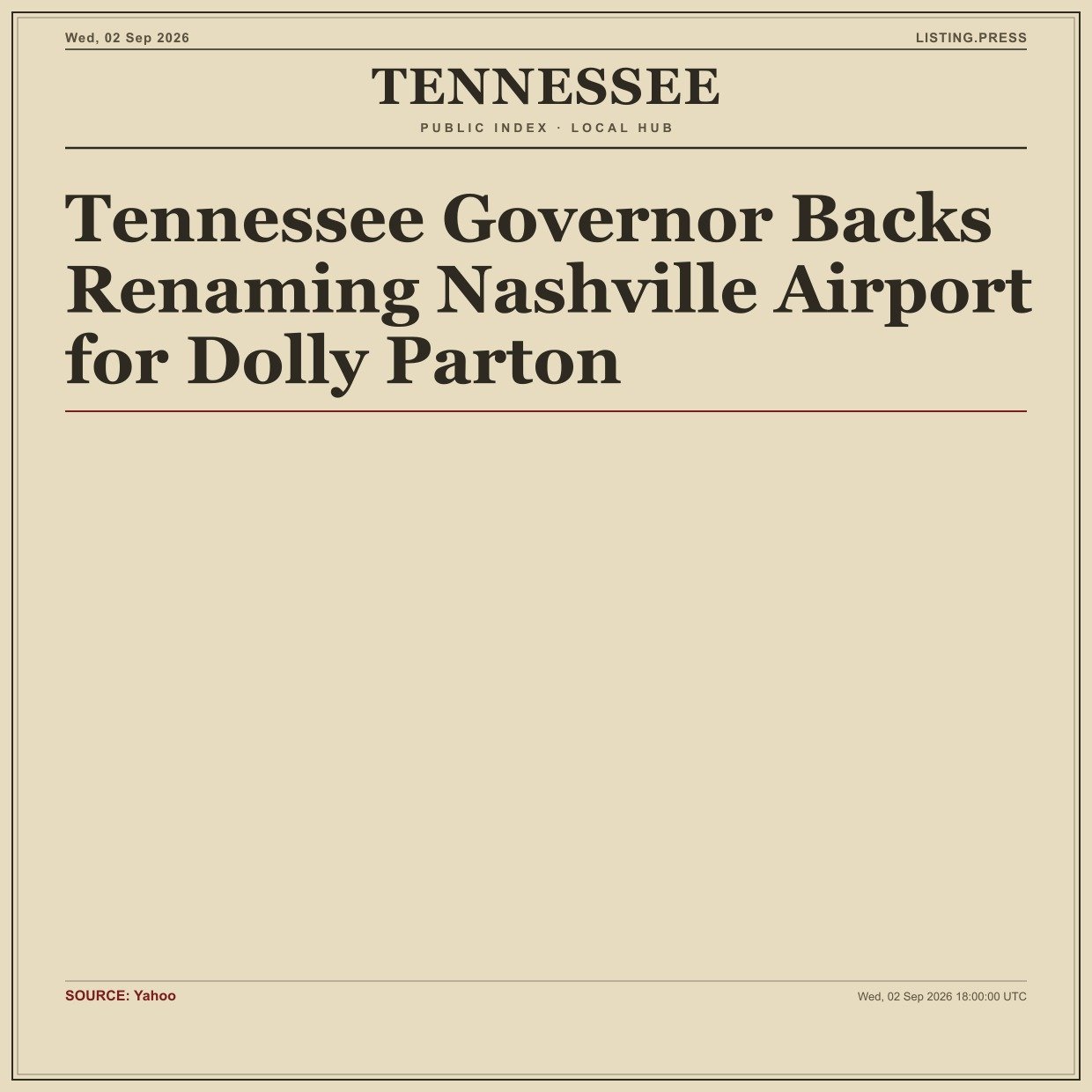 Tennessee Governor Backs Renaming Nashville Airport for Dolly Parton