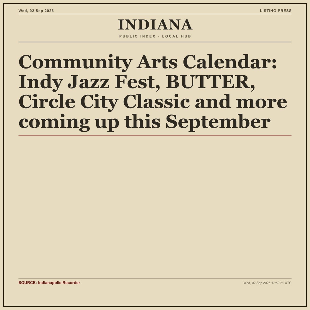 Community Arts Calendar: Indy Jazz Fest, BUTTER, Circle City Classic and more coming up this September