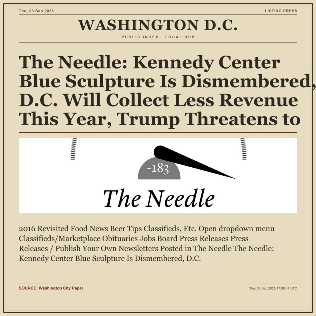The Needle: Kennedy Center Blue Sculpture Is Dismembered, D.C. Will Collect Less Revenue This Year, Trump Threatens to P