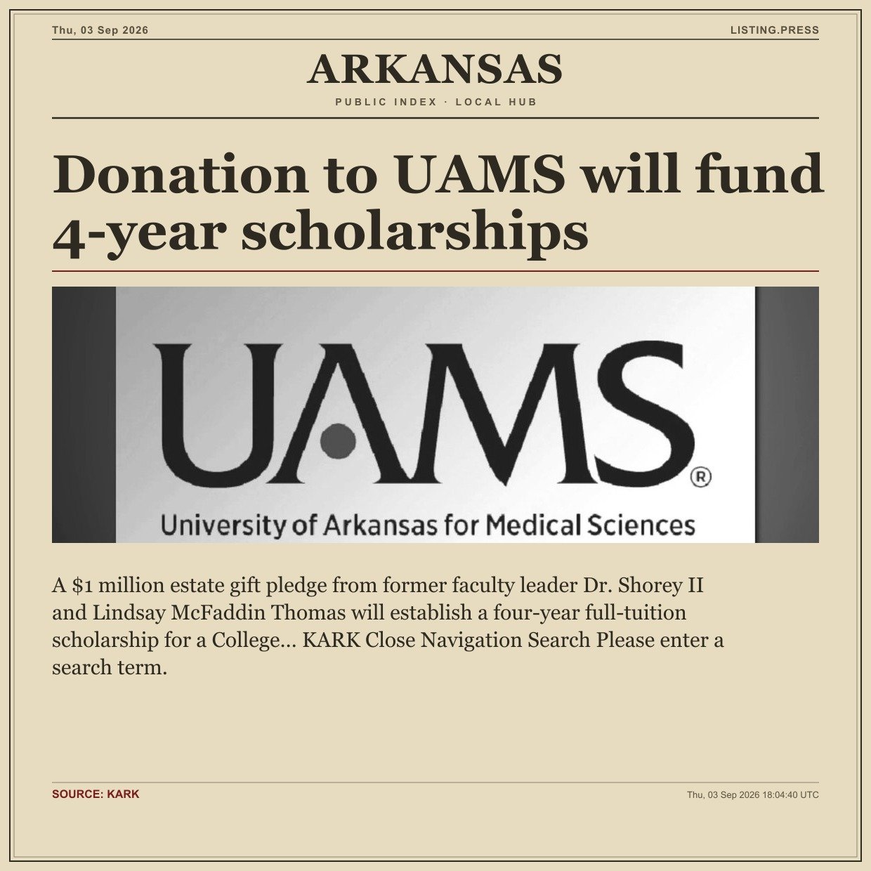 Donation to UAMS will fund 4-year scholarships