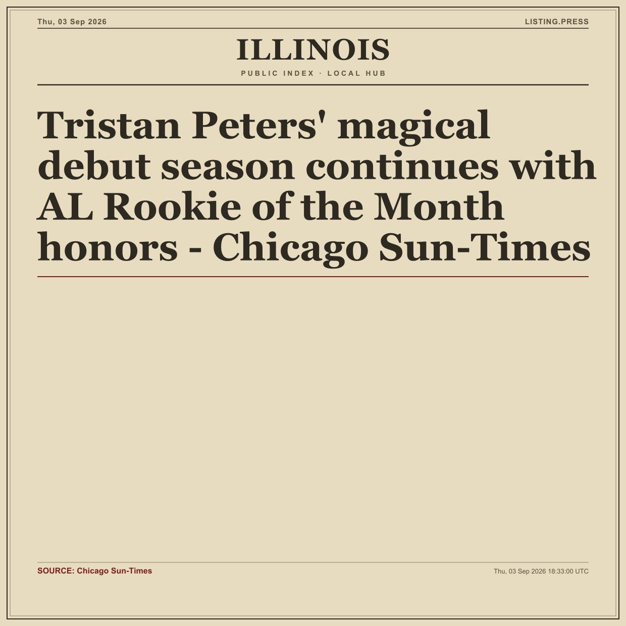 Tristan Peters' magical debut season continues with AL Rookie of the Month honors - Chicago Sun-Times