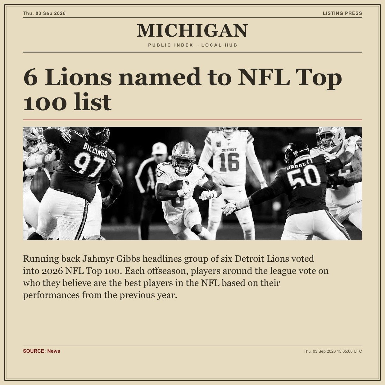 6 Lions named to NFL Top 100 list