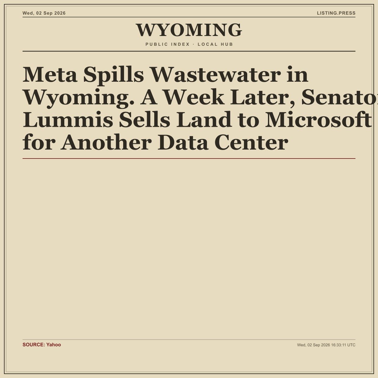 Meta Spills Wastewater in Wyoming. A Week Later, Senator Lummis Sells Land to Microsoft for Another Data Center