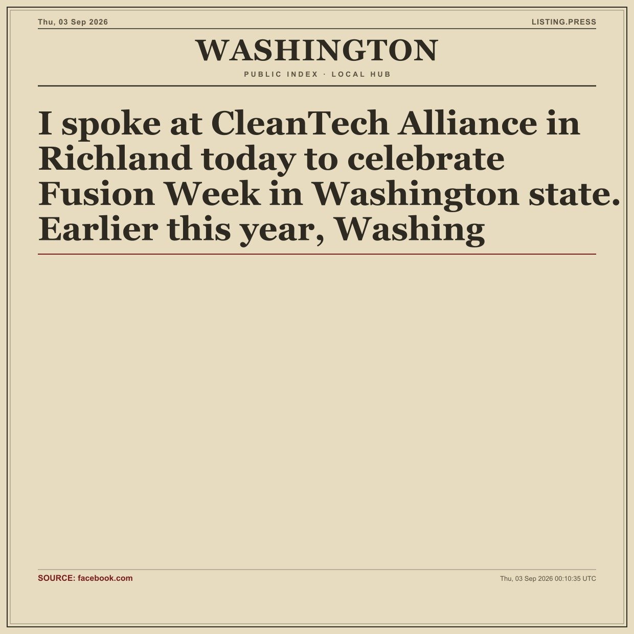 I spoke at CleanTech Alliance in Richland today to celebrate Fusion Week in Washington state. Earlier this year, Washing