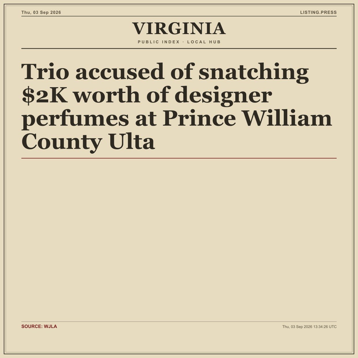 Trio accused of snatching $2K worth of designer perfumes at Prince William County Ulta