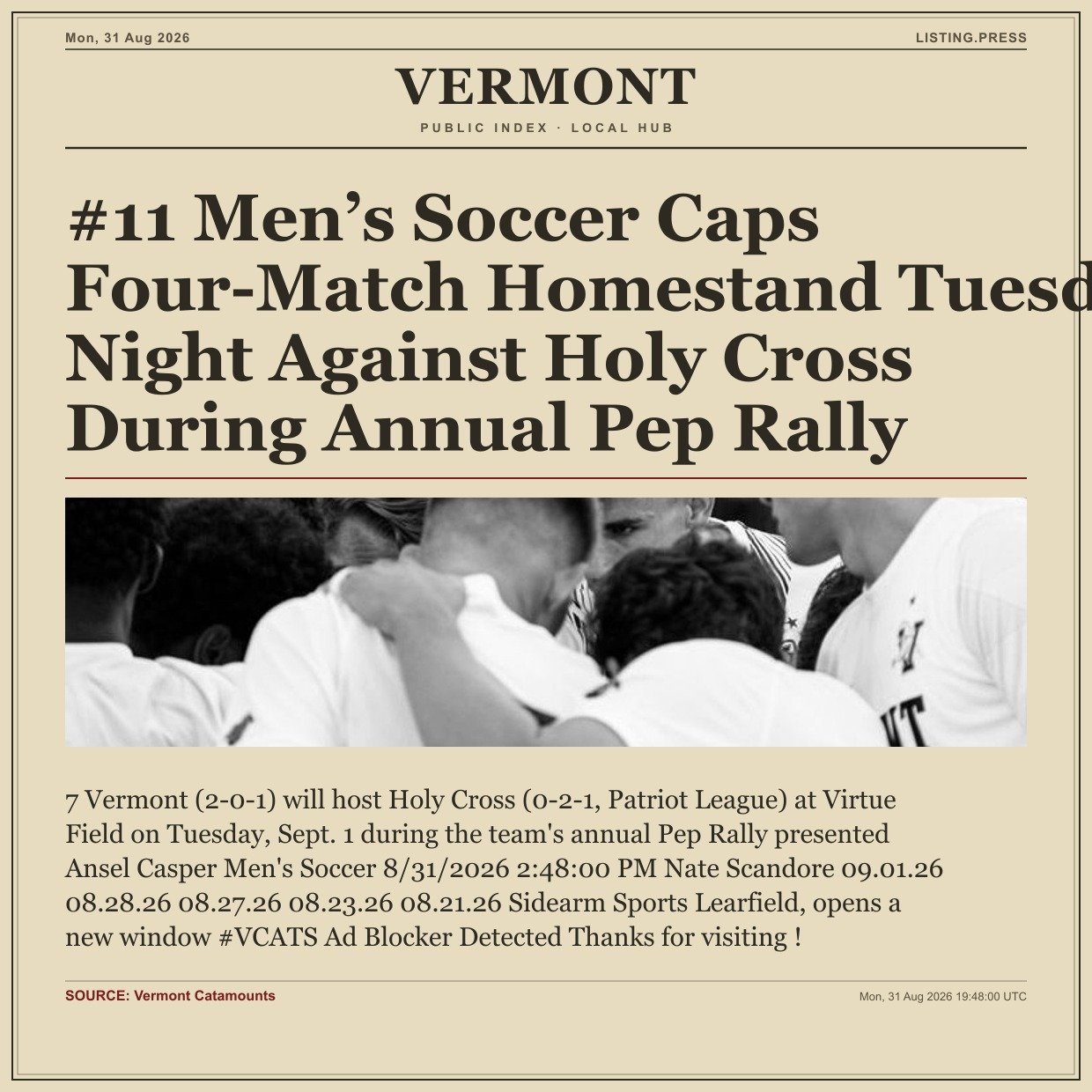#11 Men’s Soccer Caps Four-Match Homestand Tuesday Night Against Holy Cross During Annual Pep Rally