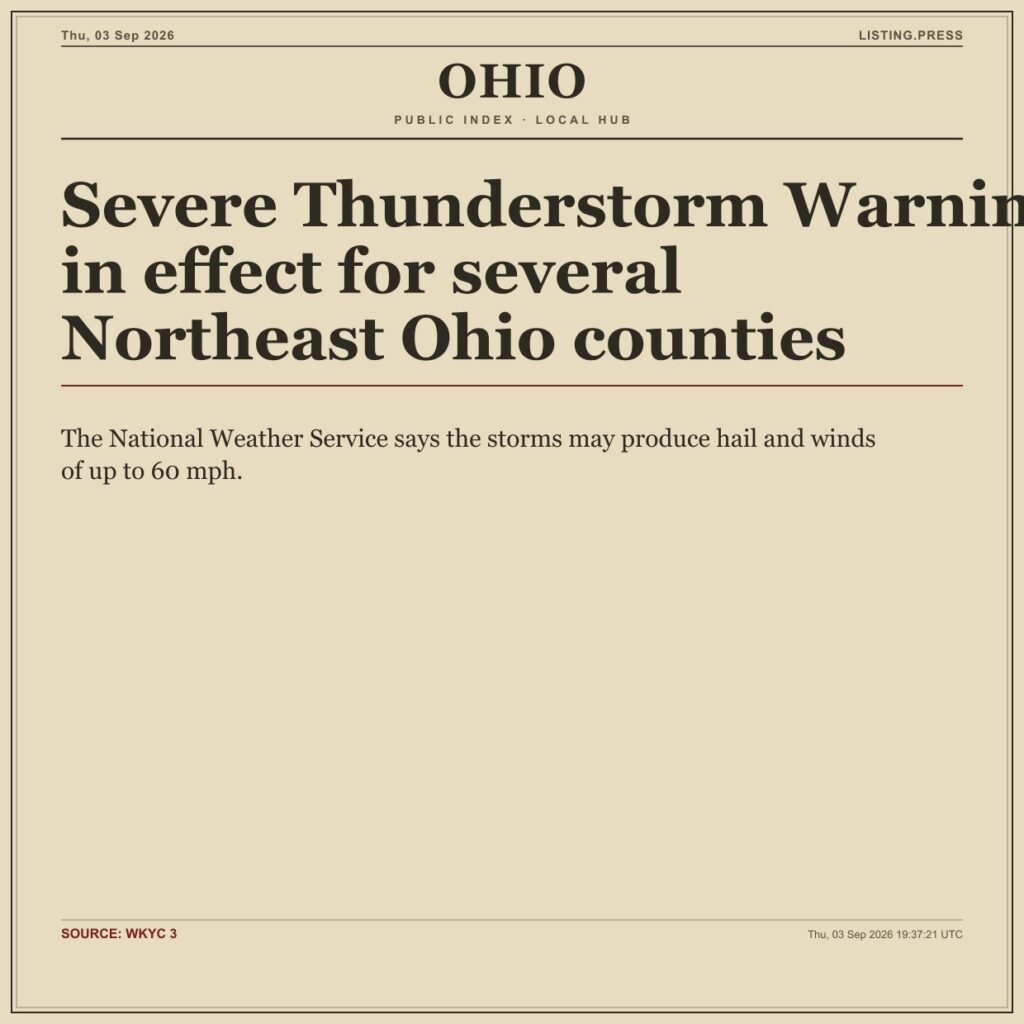 Severe Thunderstorm Warning in effect for several Northeast Ohio counties