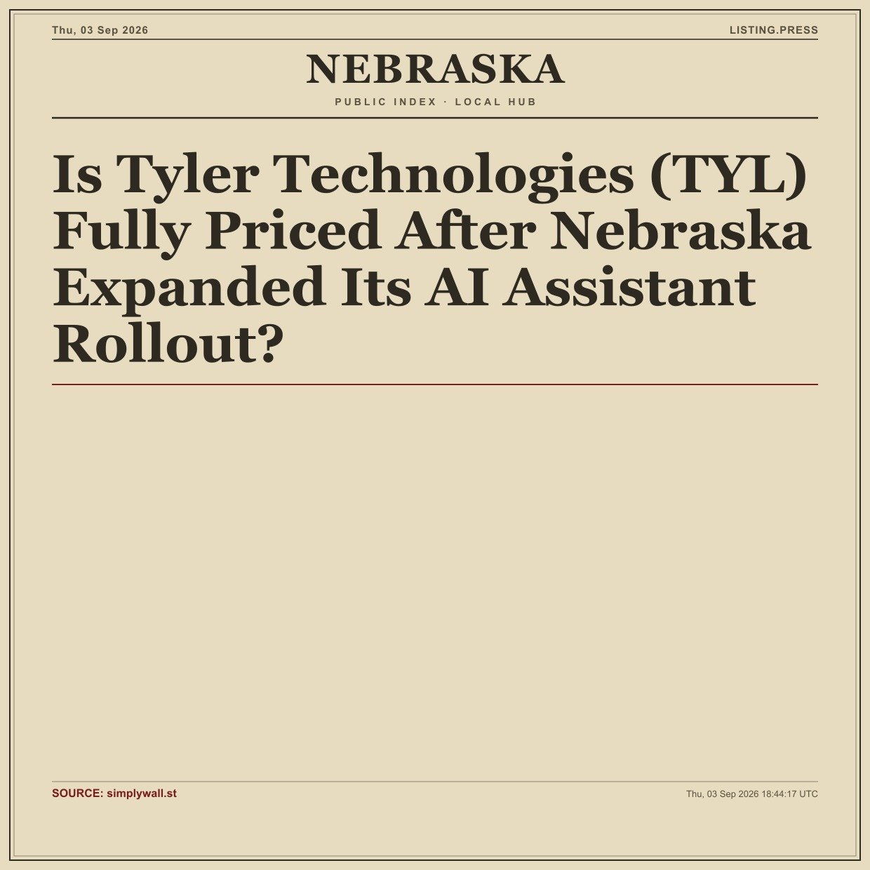 Is Tyler Technologies (TYL) Fully Priced After Nebraska Expanded Its AI Assistant Rollout?