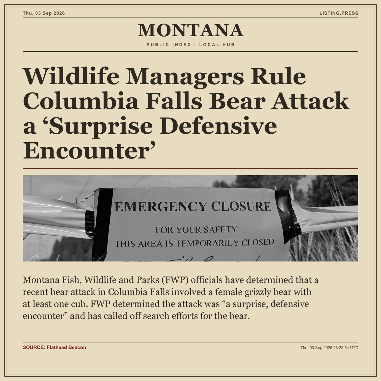 Wildlife Managers Rule Columbia Falls Bear Attack a ‘Surprise Defensive Encounter’