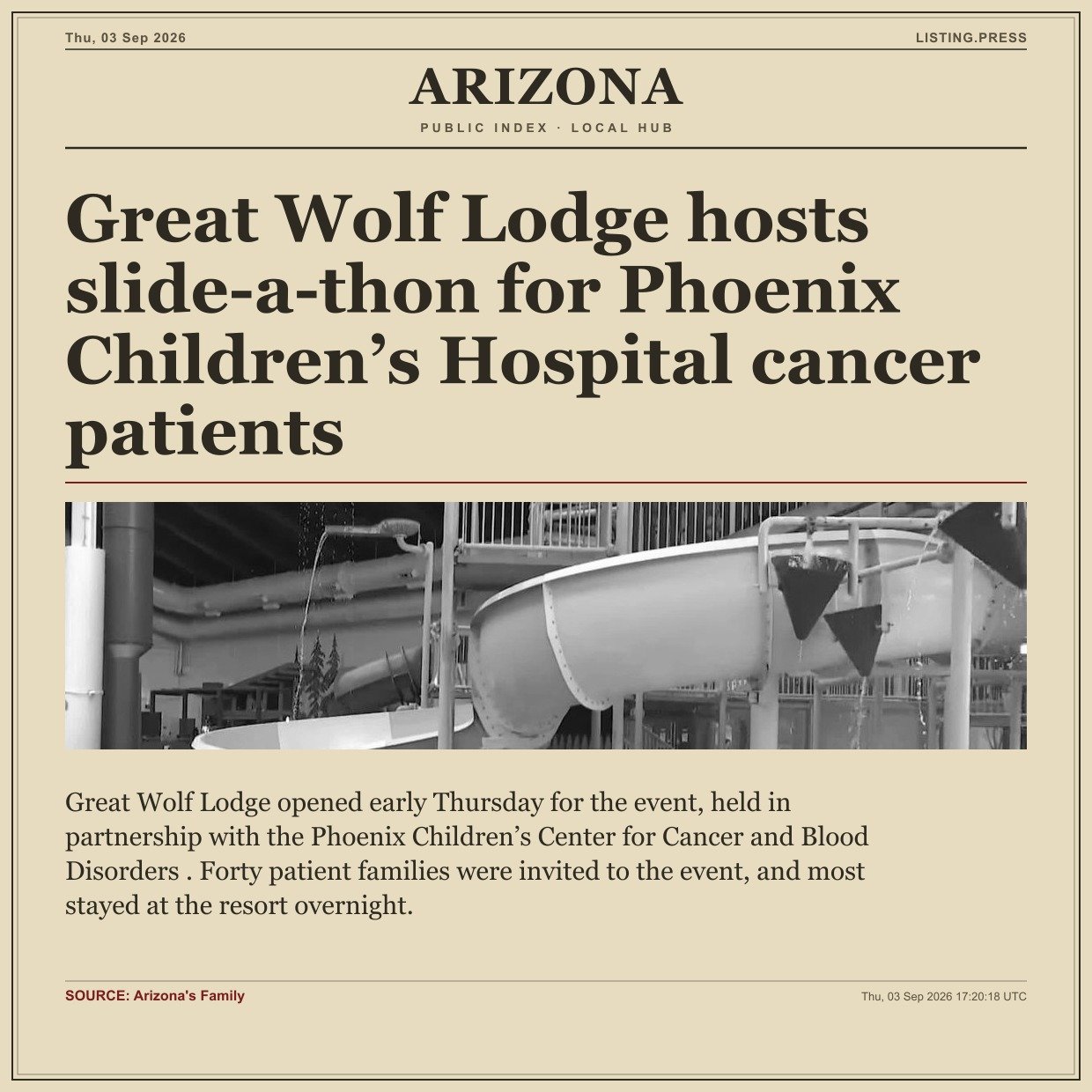 Great Wolf Lodge hosts slide-a-thon for Phoenix Children’s Hospital cancer patients