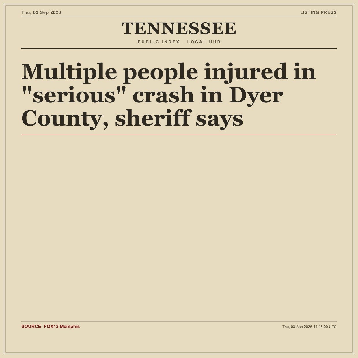 Multiple people injured in "serious" crash in Dyer County, sheriff says