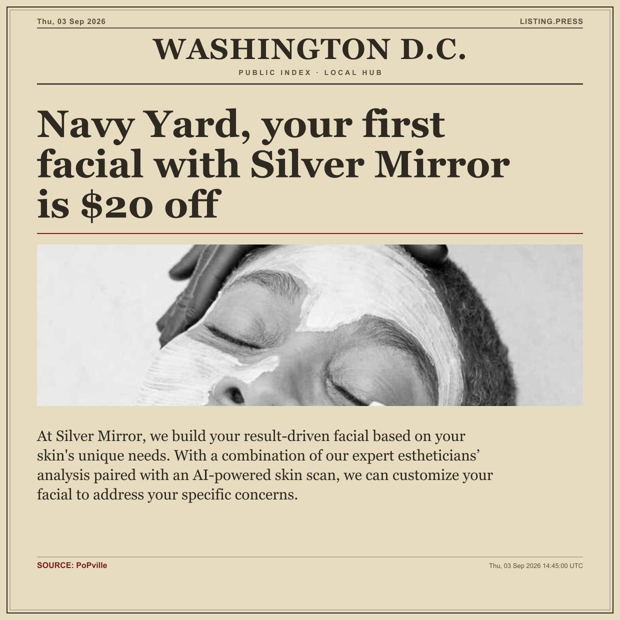 Navy Yard, your first facial with Silver Mirror is $20 off