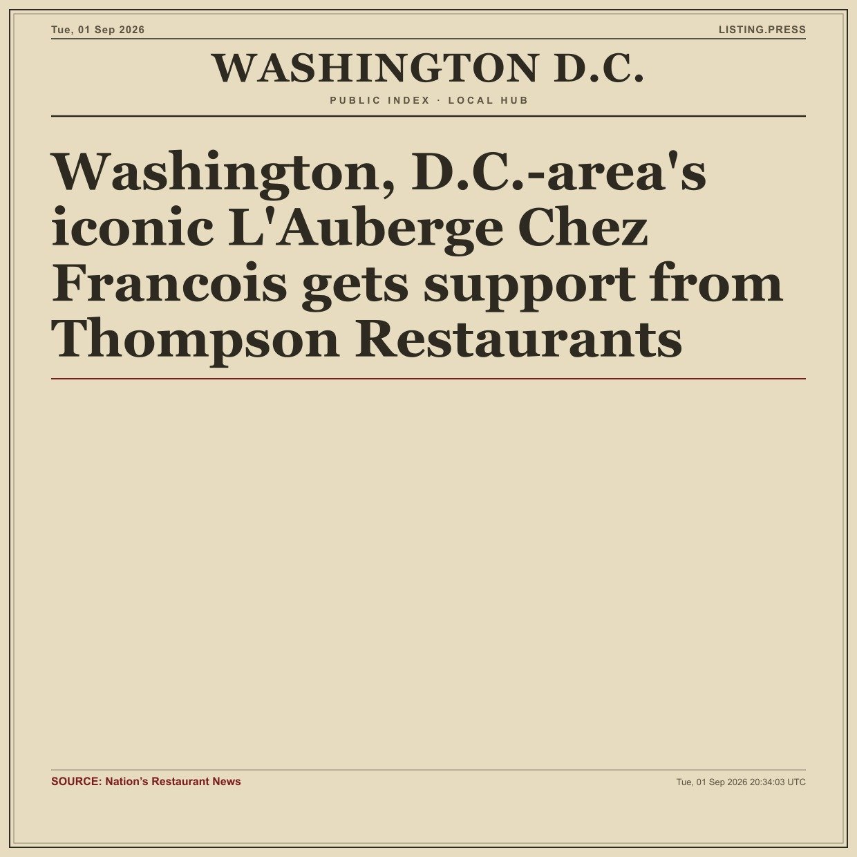 Washington, D.C.-area's iconic L'Auberge Chez Francois gets support from Thompson Restaurants