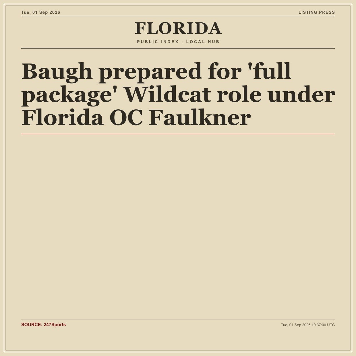 Baugh prepared for 'full package' Wildcat role under Florida OC Faulkner