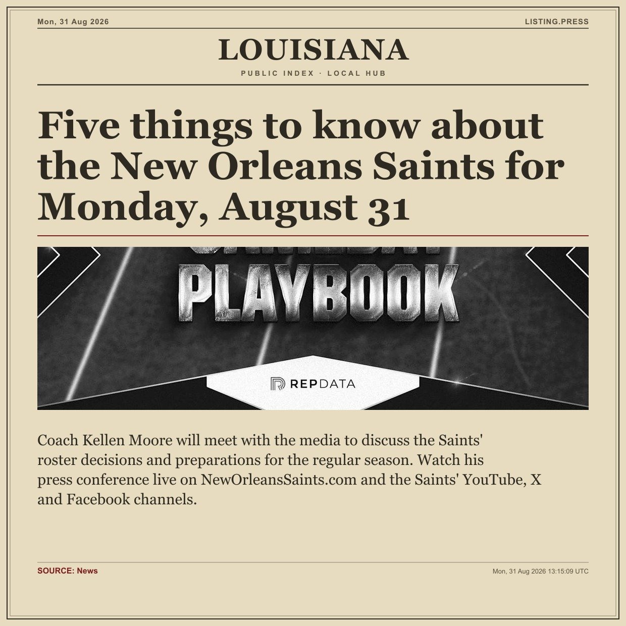 Five things to know about the New Orleans Saints for Monday, August 31