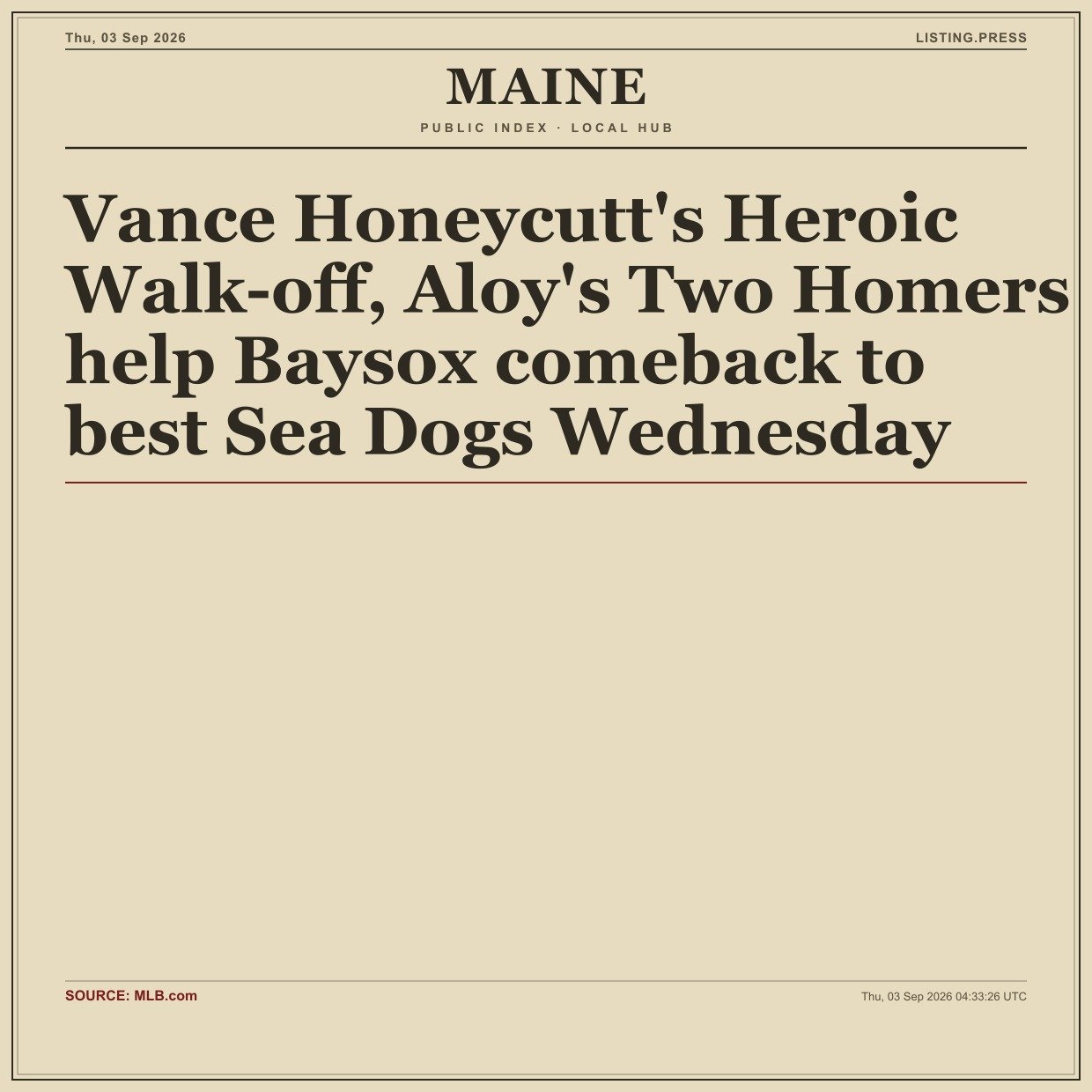 Vance Honeycutt's Heroic Walk-off, Aloy's Two Homers help Baysox comeback to best Sea Dogs Wednesday