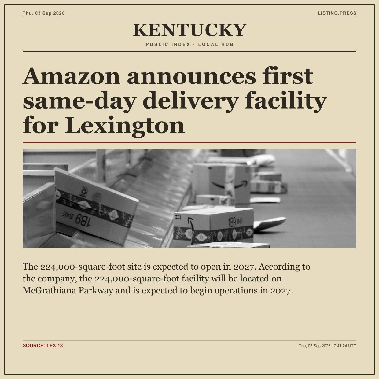 Amazon announces first same-day delivery facility for Lexington