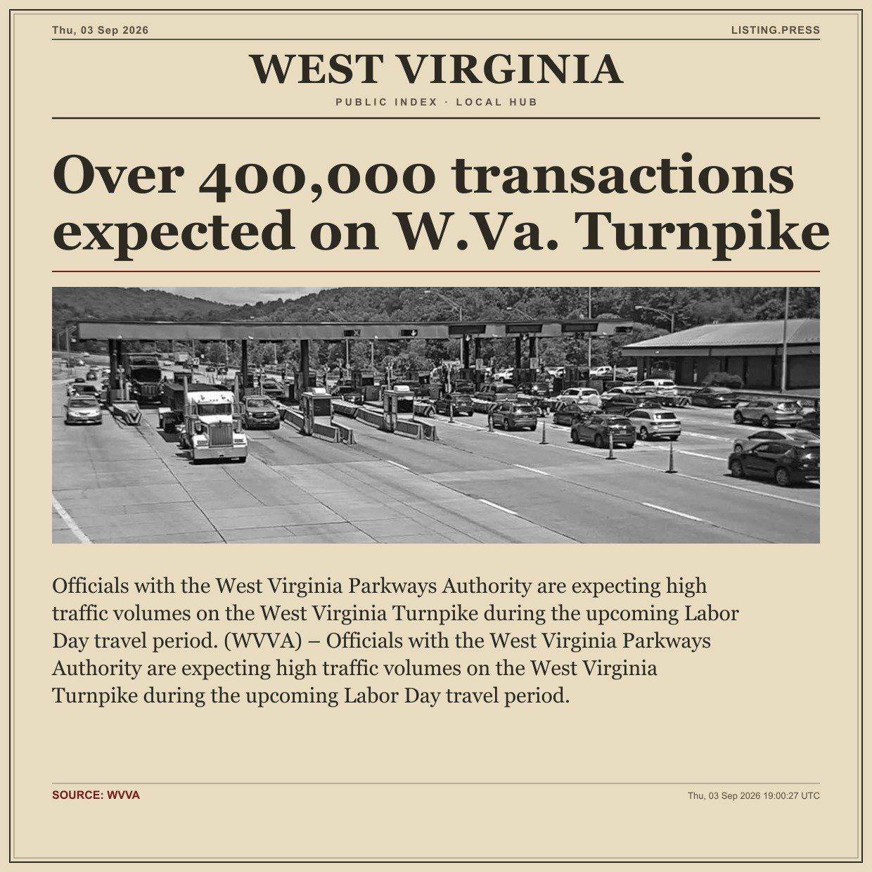 Over 400,000 transactions expected on W.Va. Turnpike