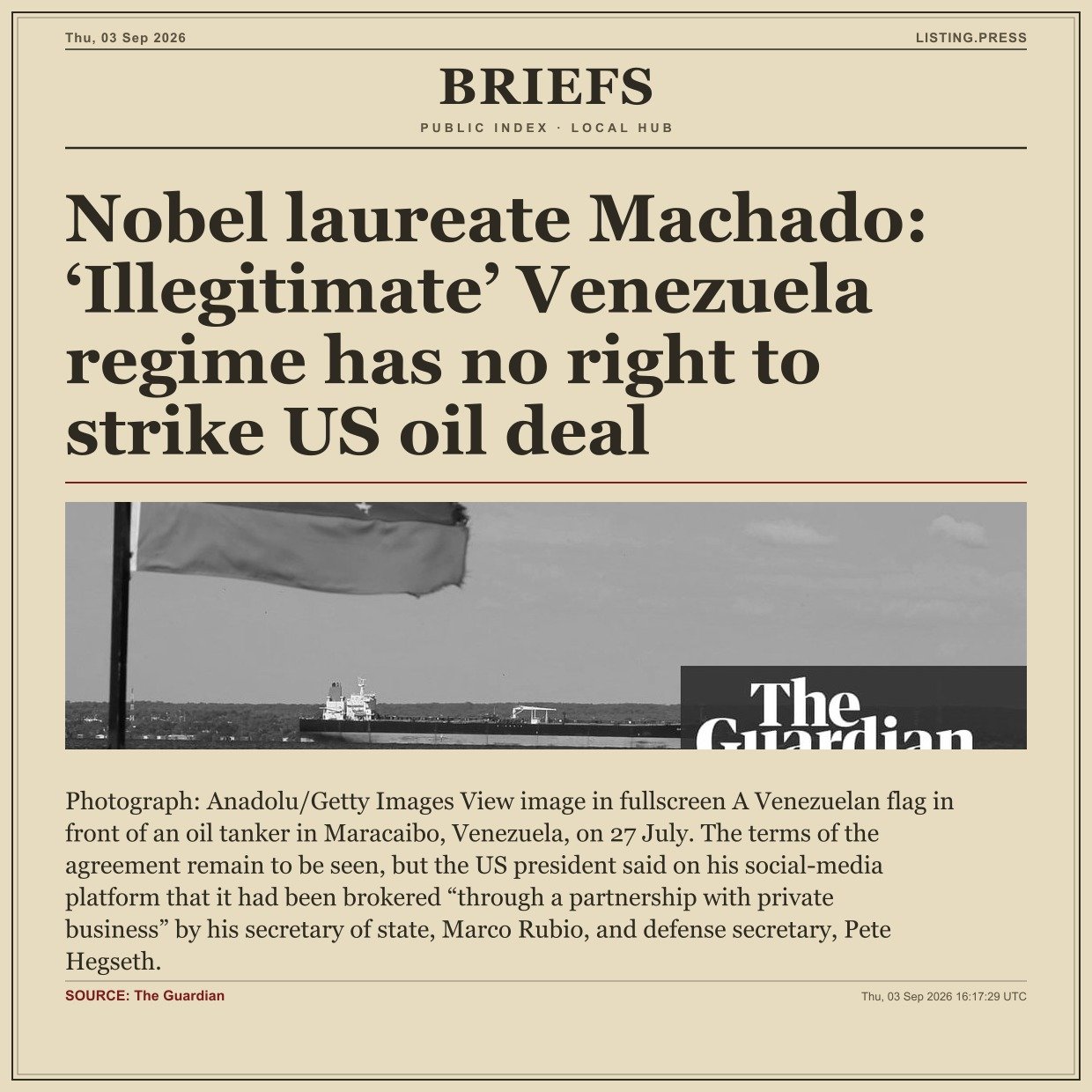 Nobel laureate Machado: ‘Illegitimate’ Venezuela regime has no right to strike US oil deal