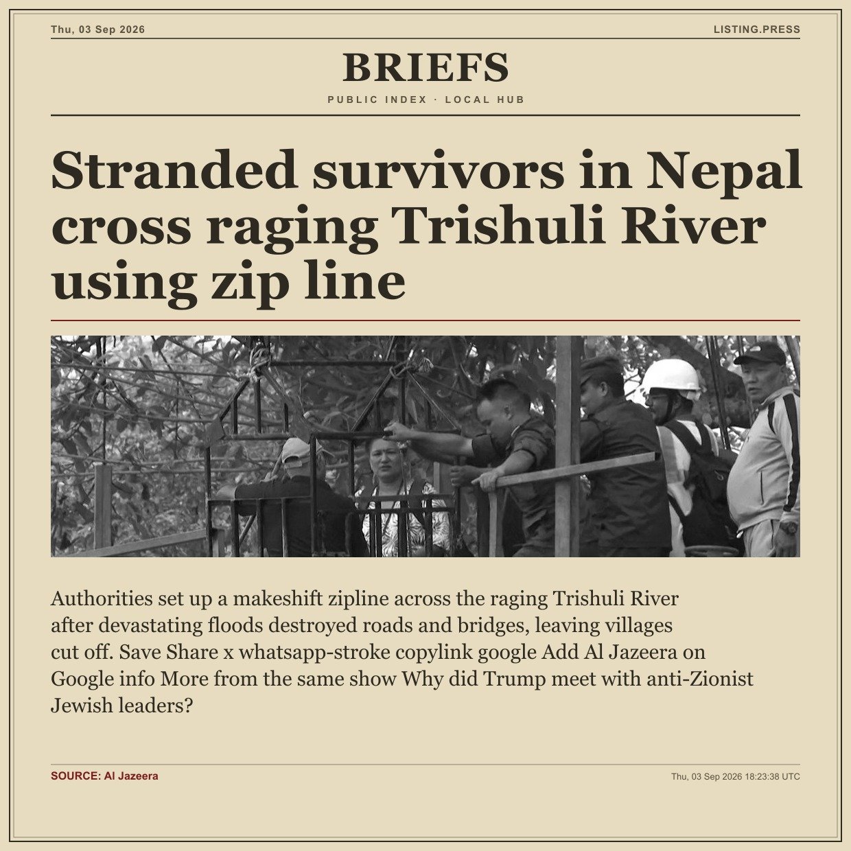 Stranded survivors in Nepal cross raging Trishuli River using zip line