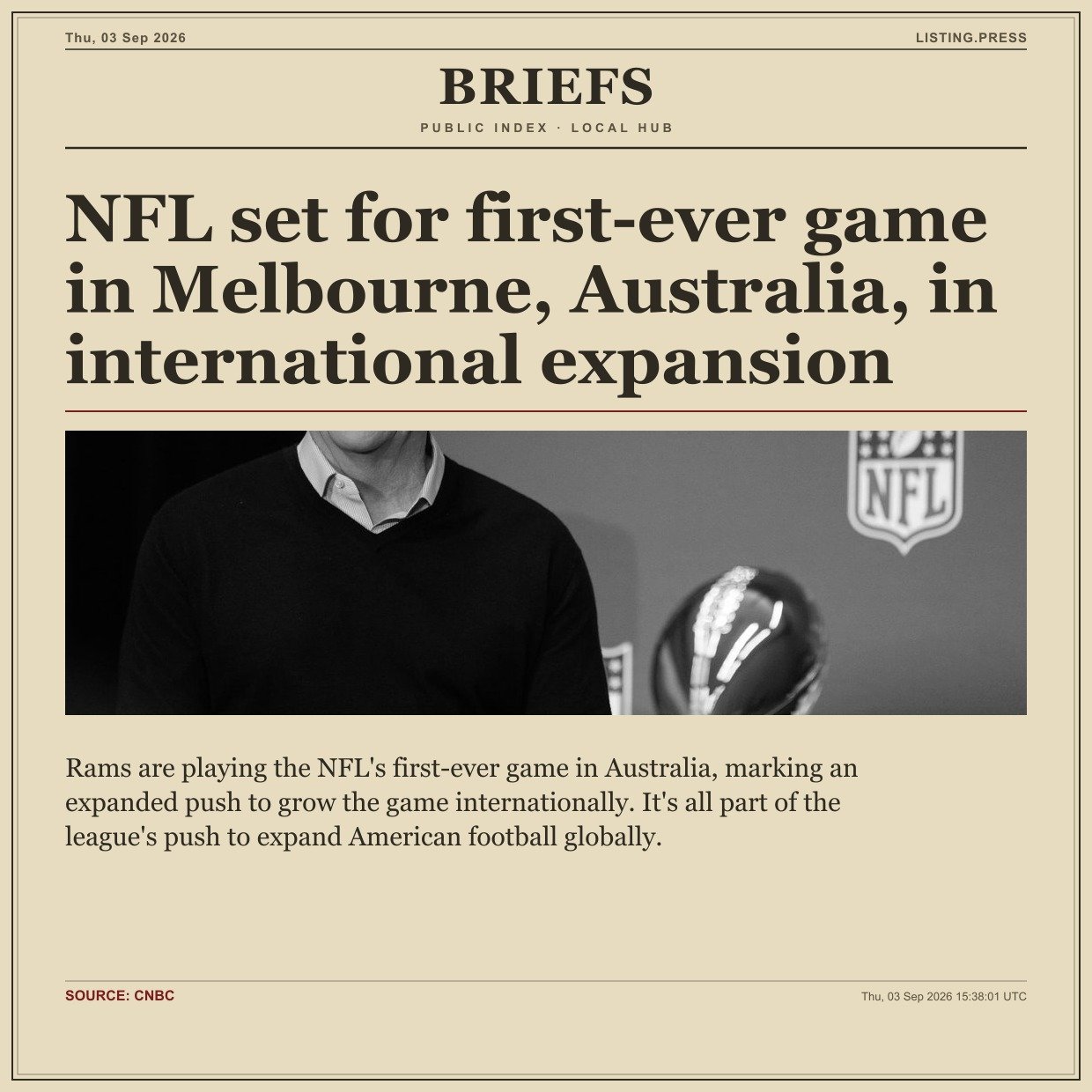 NFL set for first-ever game in Melbourne, Australia, in international expansion