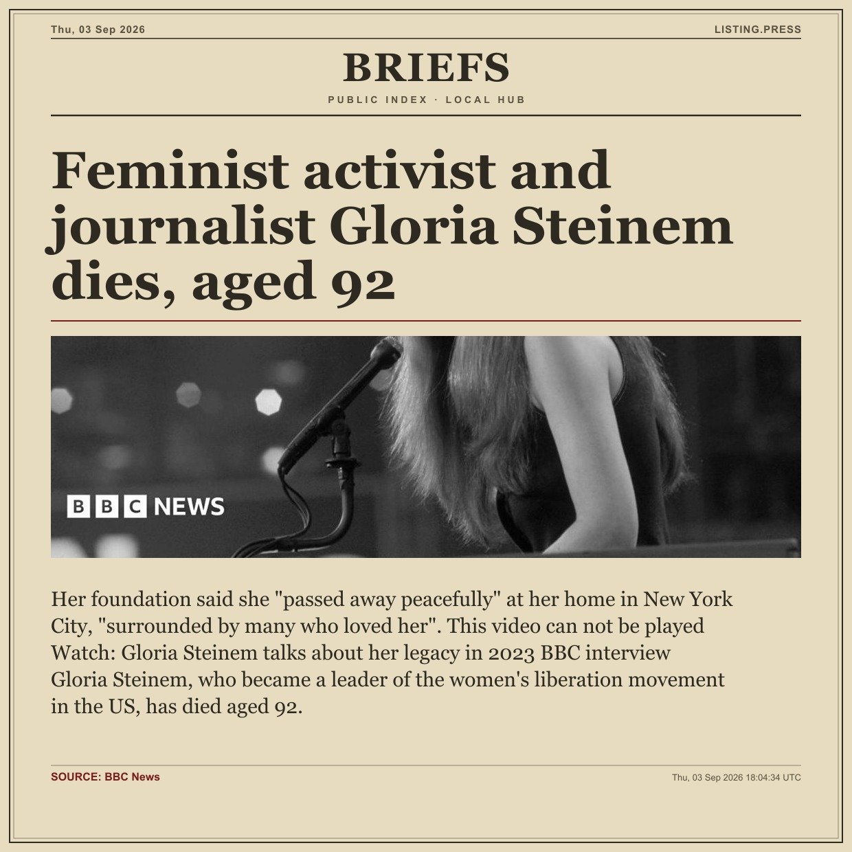 Feminist activist and journalist Gloria Steinem dies, aged 92