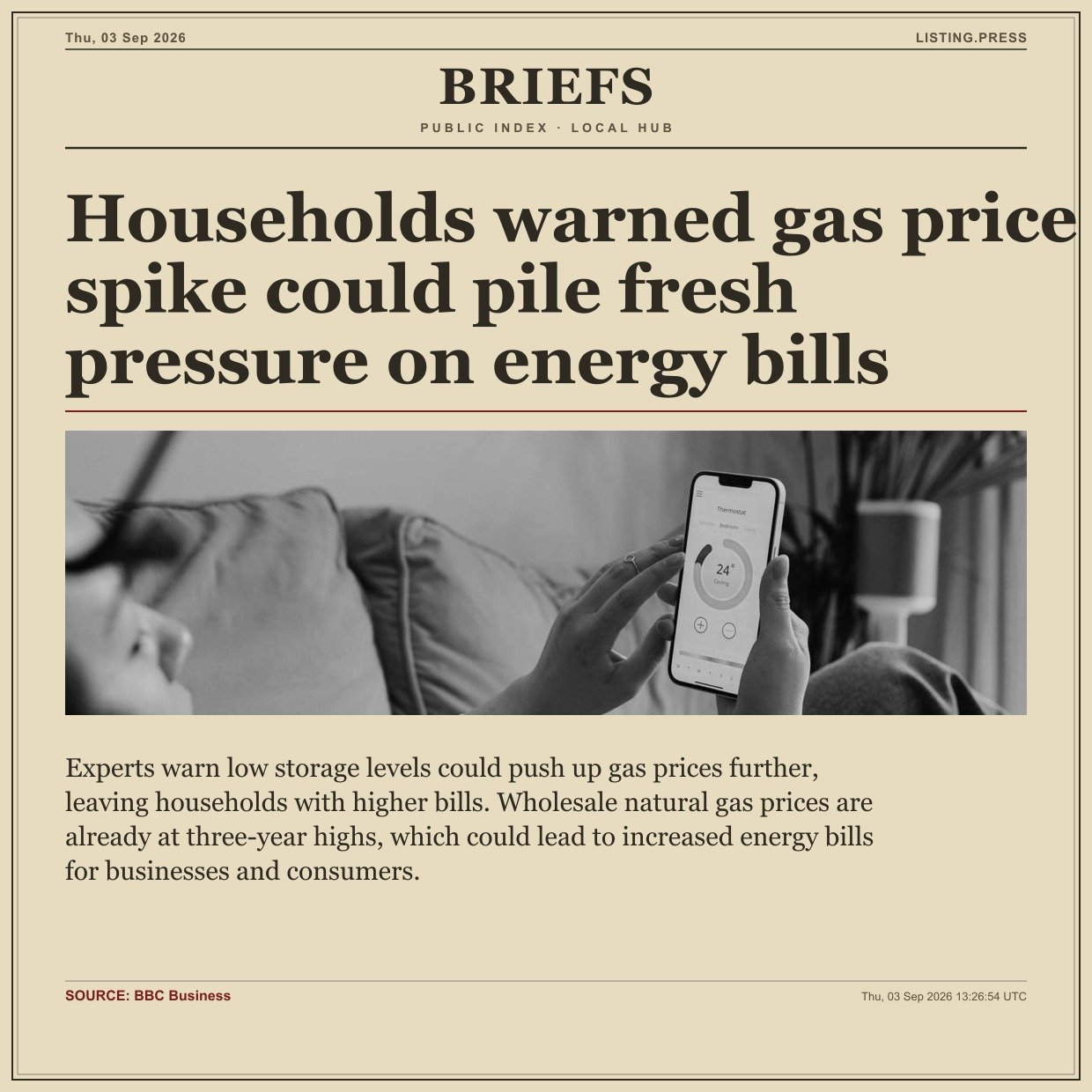 Households warned gas price spike could pile fresh pressure on energy bills