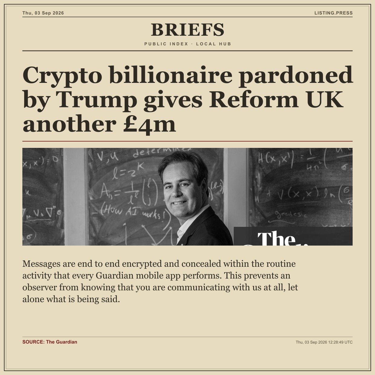 Crypto billionaire pardoned by Trump gives Reform UK another £4m