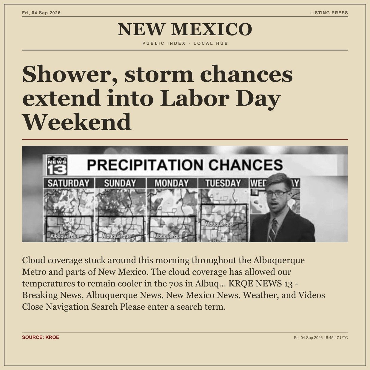 Shower, storm chances extend into Labor Day Weekend