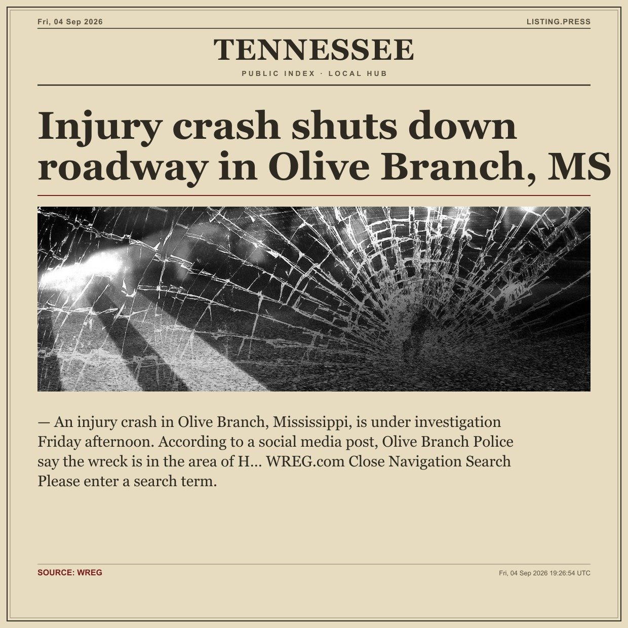 Injury crash shuts down roadway in Olive Branch, MS