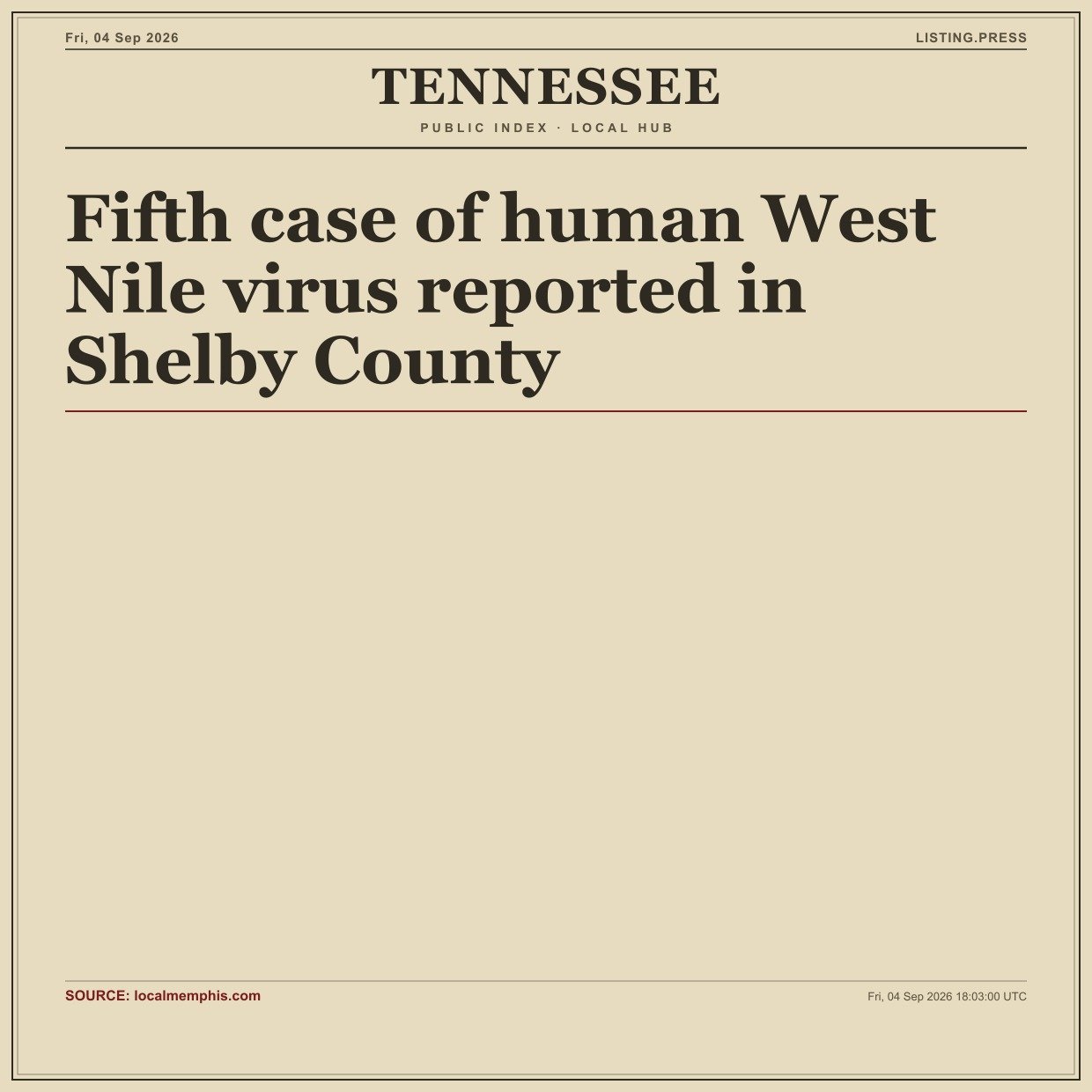 Fifth case of human West Nile virus reported in Shelby County