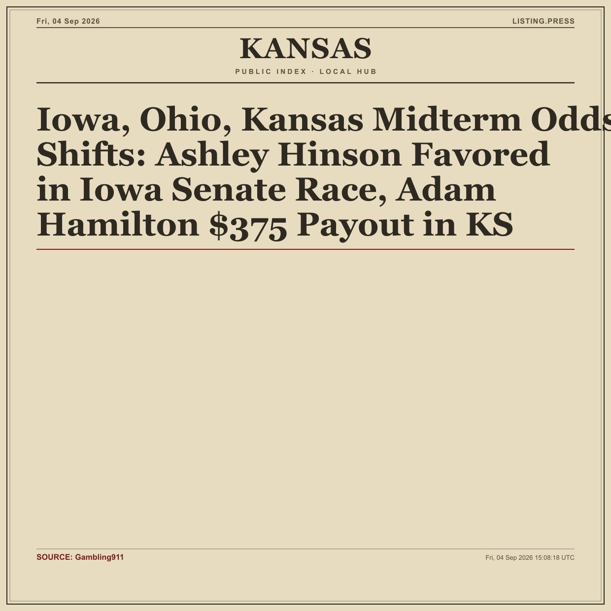 Iowa, Ohio, Kansas Midterm Odds Shifts: Ashley Hinson Favored in Iowa Senate Race, Adam Hamilton $375 Payout in KS
