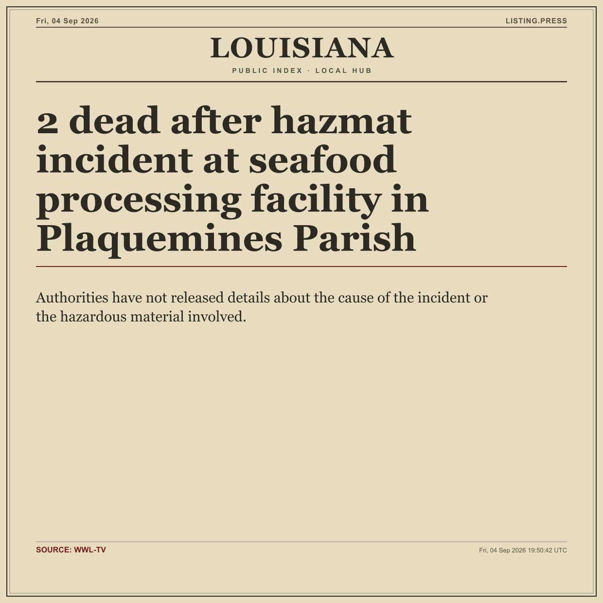 2 dead after hazmat incident at seafood processing facility in Plaquemines Parish