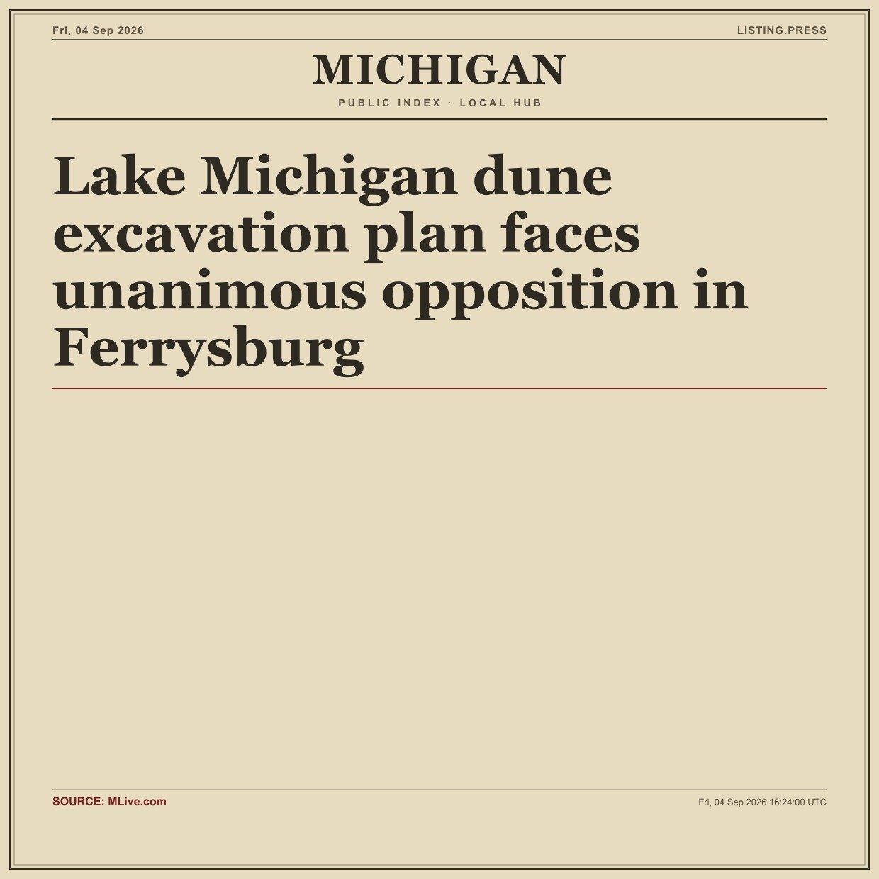 Lake Michigan dune excavation plan faces unanimous opposition in Ferrysburg