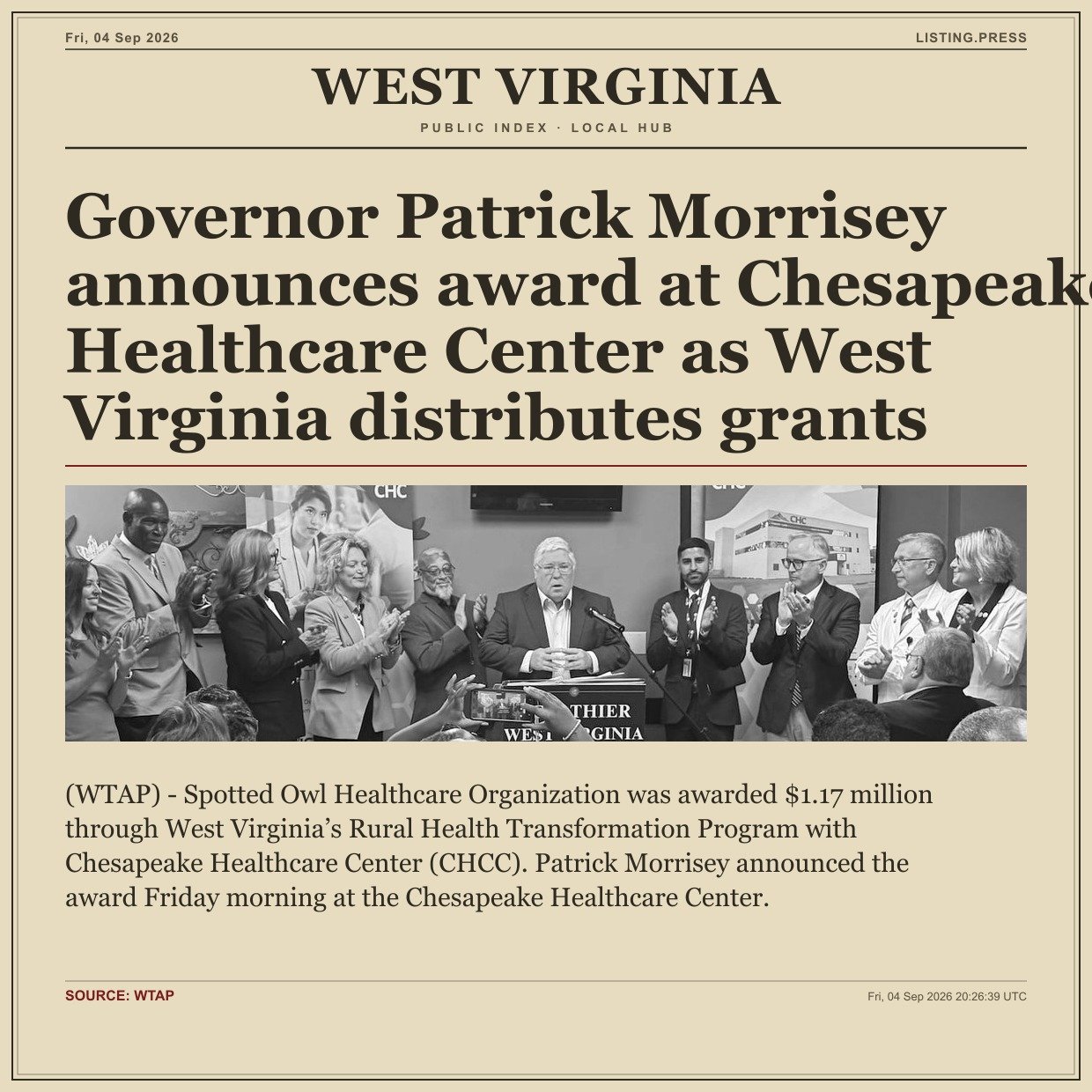 Governor Patrick Morrisey announces award at Chesapeake Healthcare Center as West Virginia distributes grants