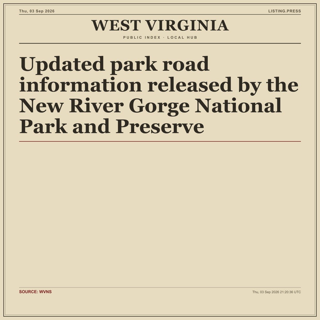 Updated park road information released by the New River Gorge National Park and Preserve