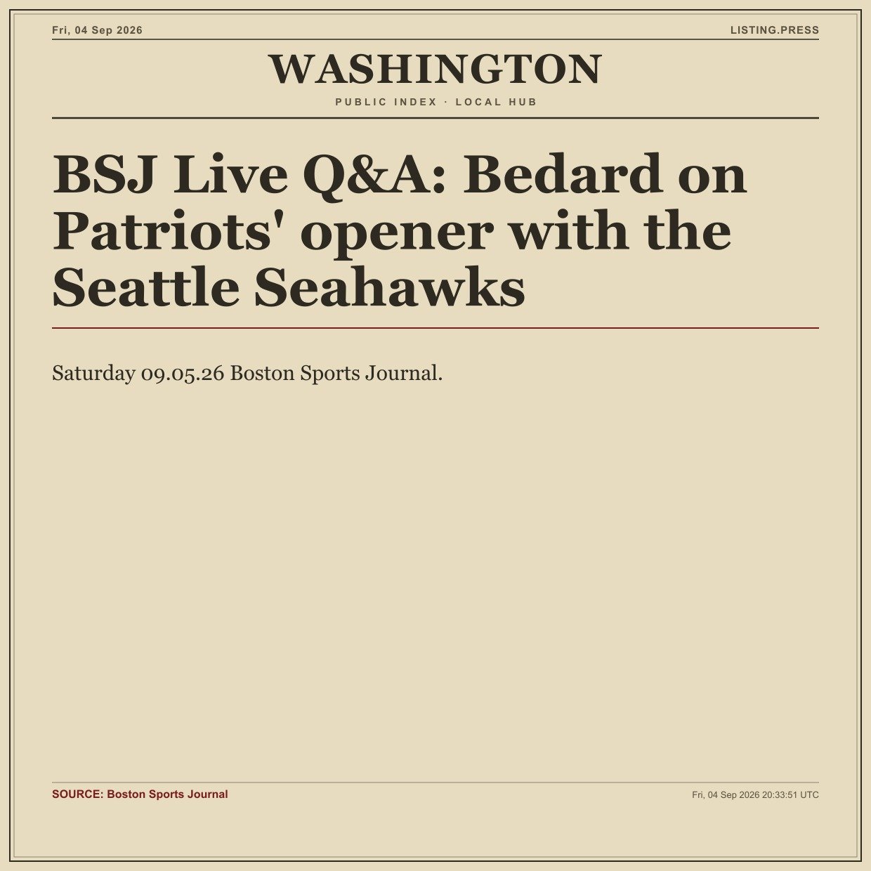 BSJ Live Q&A: Bedard on Patriots' opener with the Seattle Seahawks