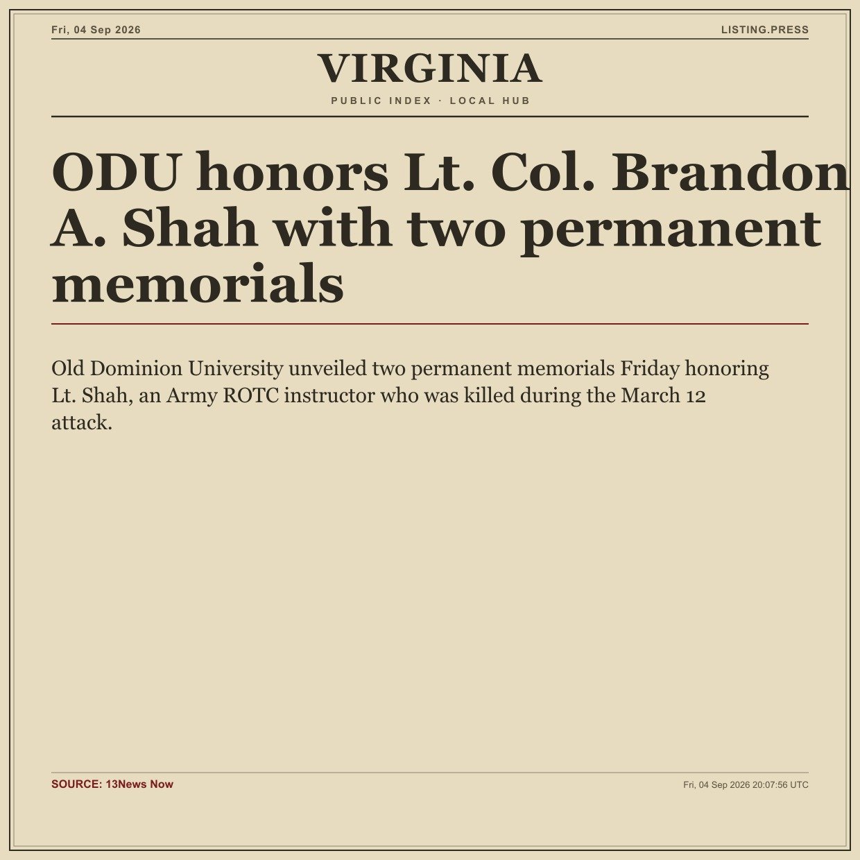 ODU honors Lt. Col. Brandon A. Shah with two permanent memorials