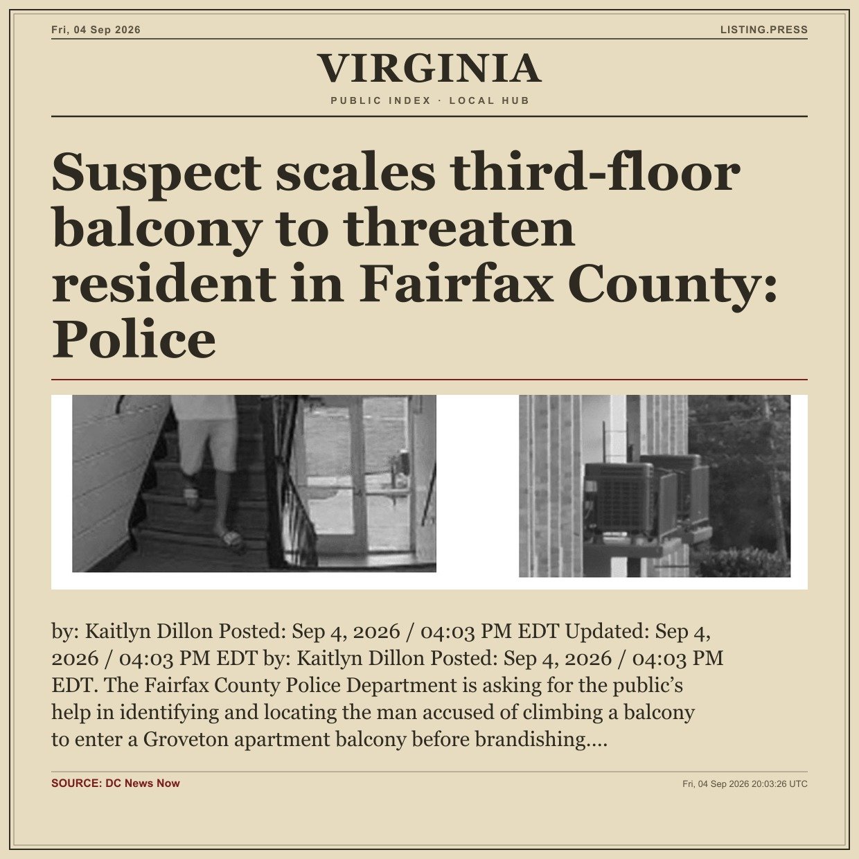 Suspect scales third-floor balcony to threaten resident in Fairfax County: Police